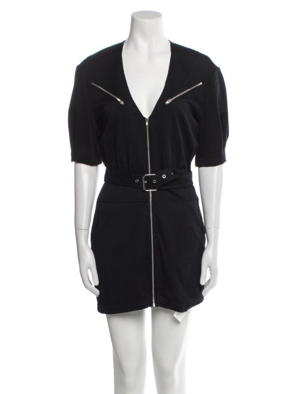 Reformation Black V-Neck Zip Front Mini Dress with Belt